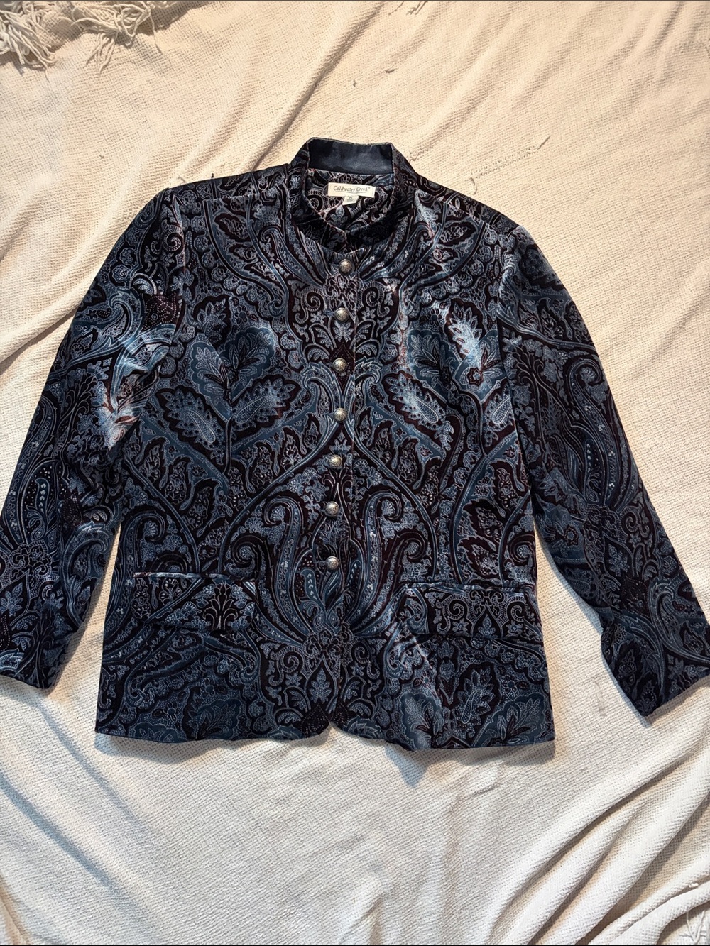 Coldwater Creek Velvet Paisley Button Jacket in Blue and Maroon